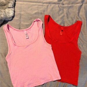 Skims Pink and Red Cotton Rib Tank Top Pack of 2